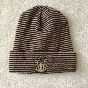 Brown Striped Beanie with Embroidered Crown